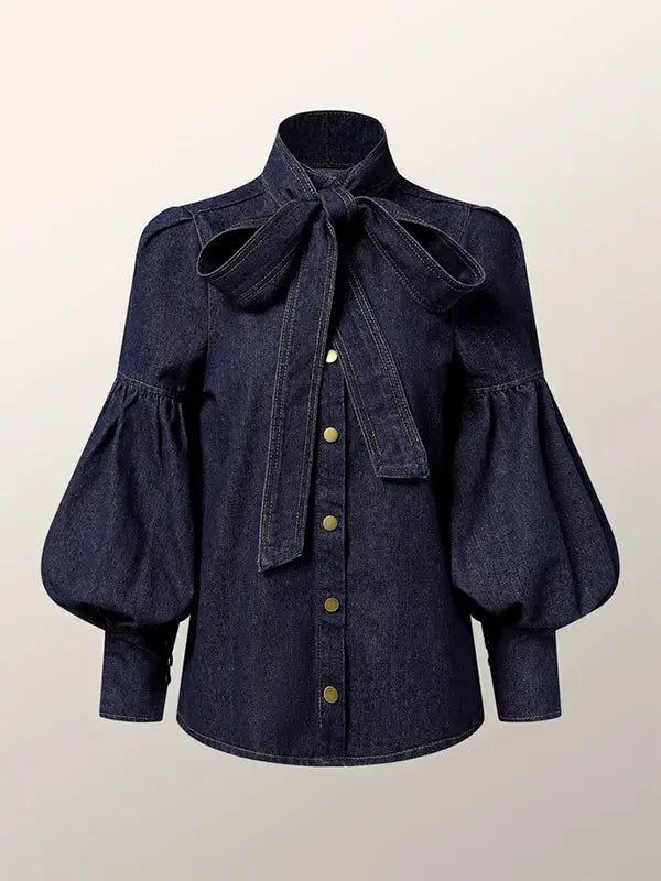 Long Sleeves Puff Sleeves Bow-Embellished Buttoned Split-Top