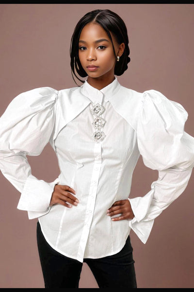 White Cotton Button
Down Puff Sleeve Blouse