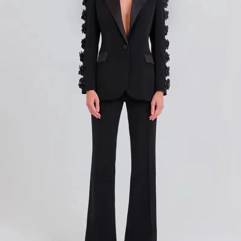 Elegant Floral Ruffle Blazer & Flare Pant Suit