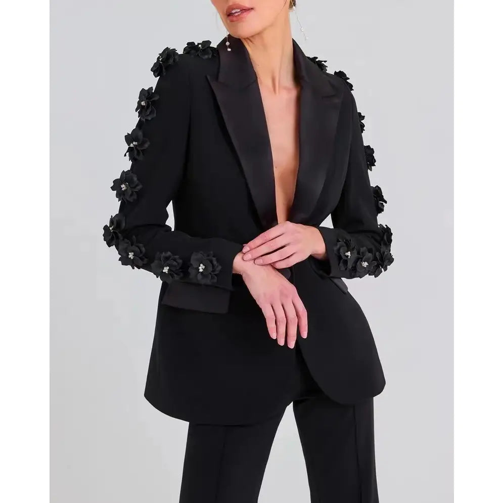 Elegant Floral Ruffle Blazer & Flare Pant Suit