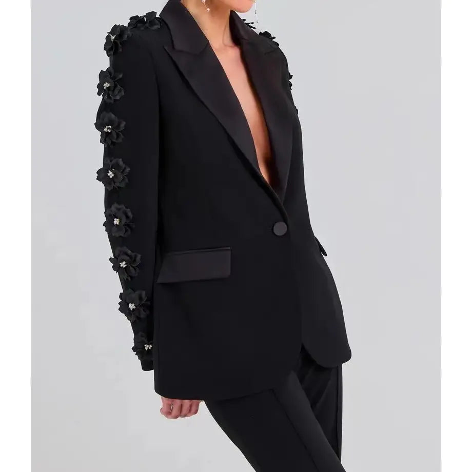 Elegant Floral Ruffle Blazer & Flare Pant Suit