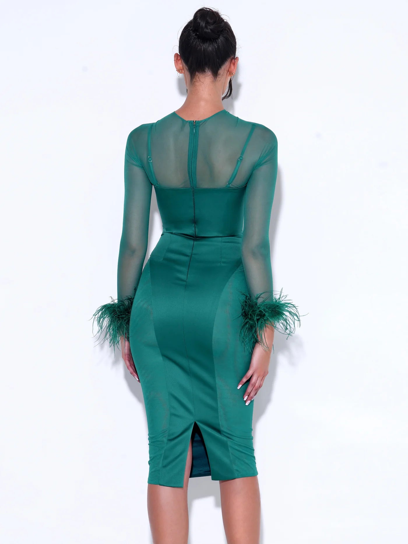 Oaklie Emerald Green Satin Mesh Sleeve Dress With Feathers