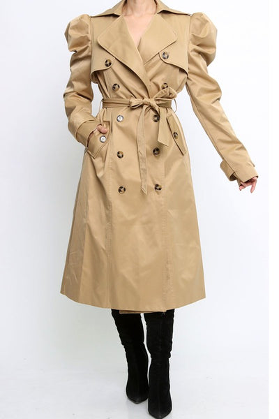 PUFFY SHOULDER LONG COAT-TIE BELT WITH LOOPS AT THE WAIST.