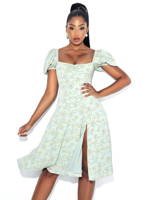 Netty Avocado Green Floral Puff Sleeve Midi Dress