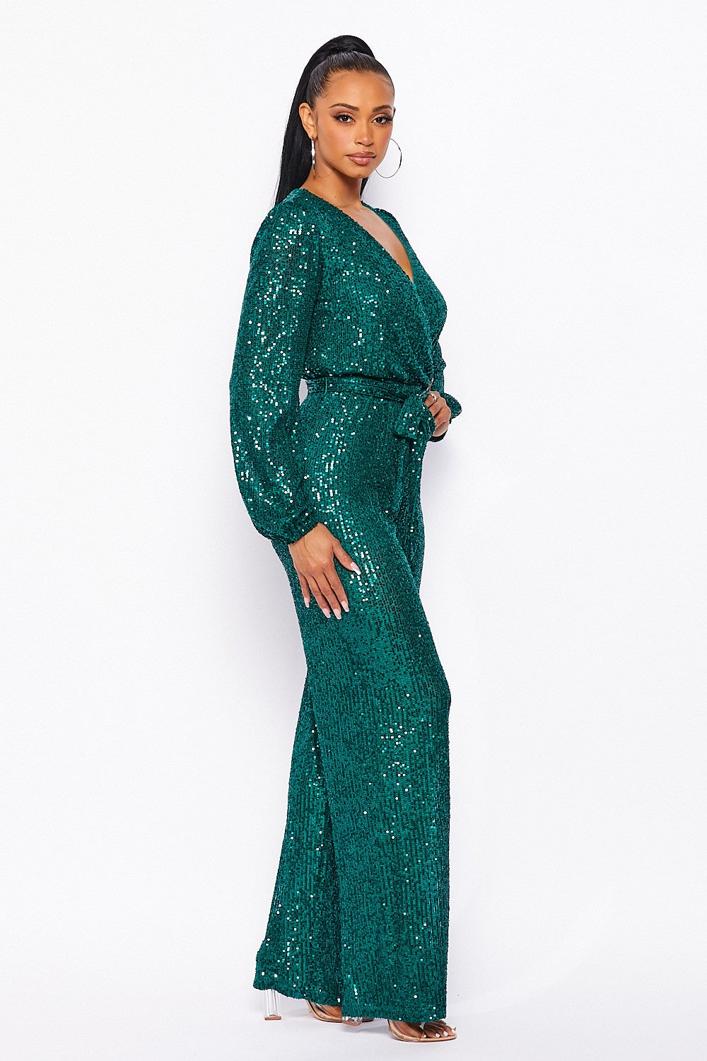 Long sleeved sequins jumpsuit with self tie belt