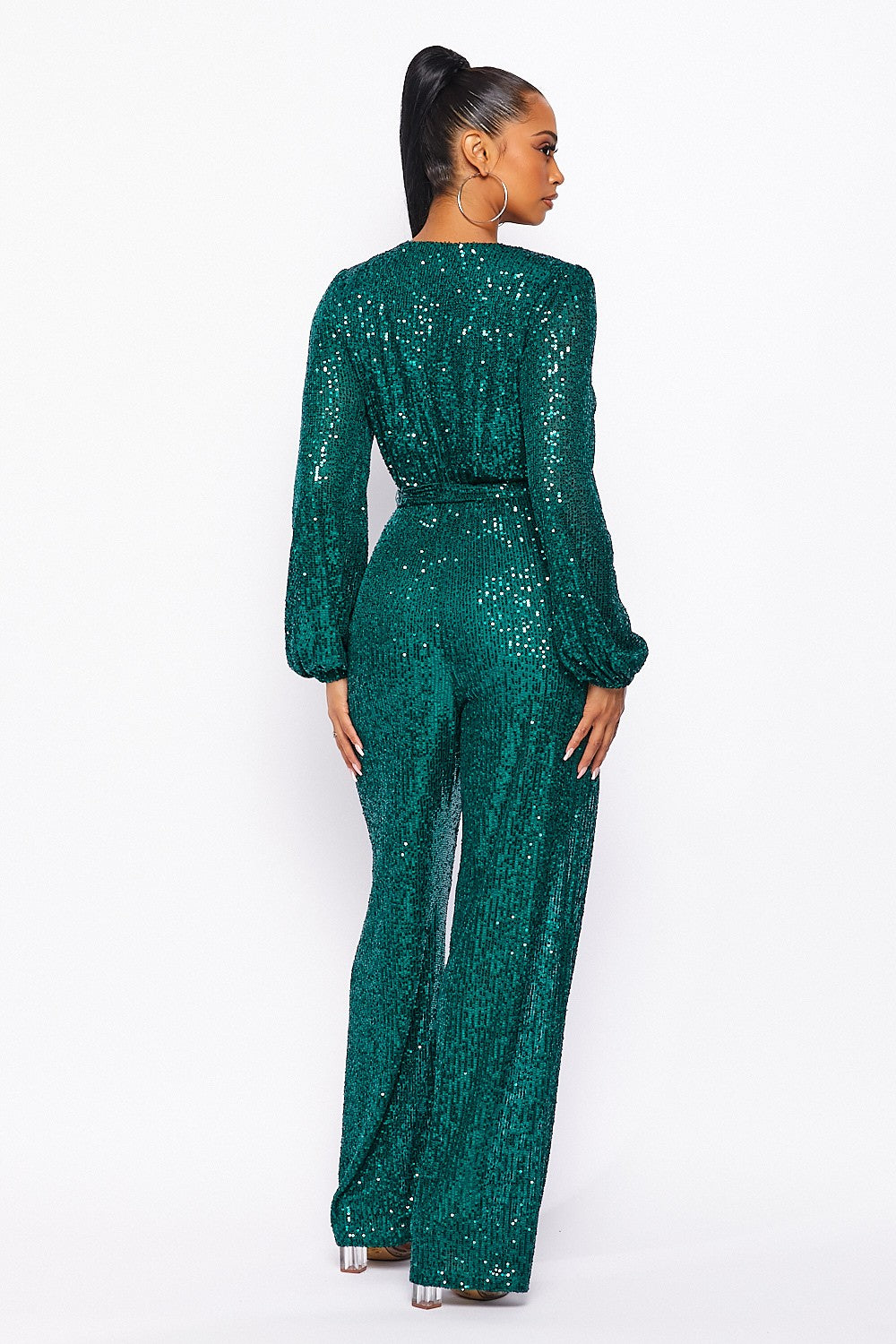 Long sleeved sequins jumpsuit with self tie belt