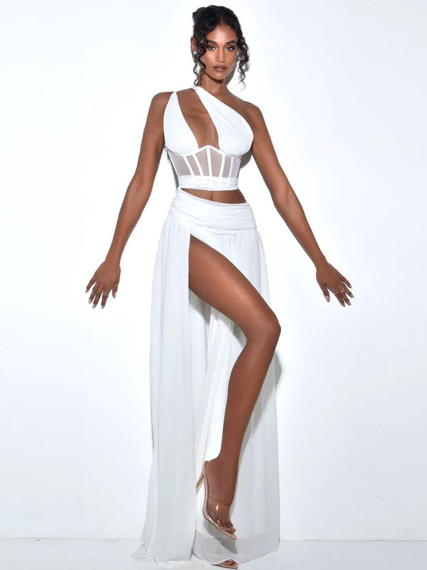 Natalya White Chiffon Corset Maxi Dress