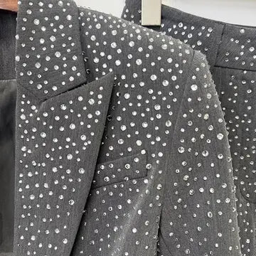 Crystal Embellished Gray Blazer Pants Suit Set Women