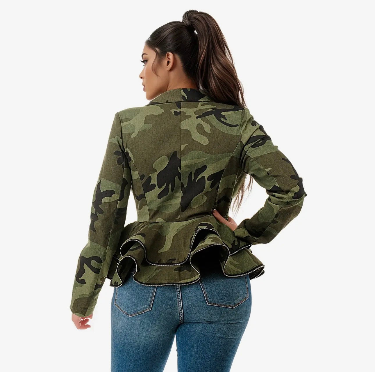 Long Sleeve Deep V-Neck Ruffle Zipper Hem Peplum