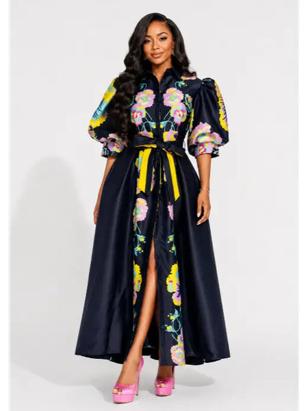 Floral Puff Short Sleeve Mikado Dress
