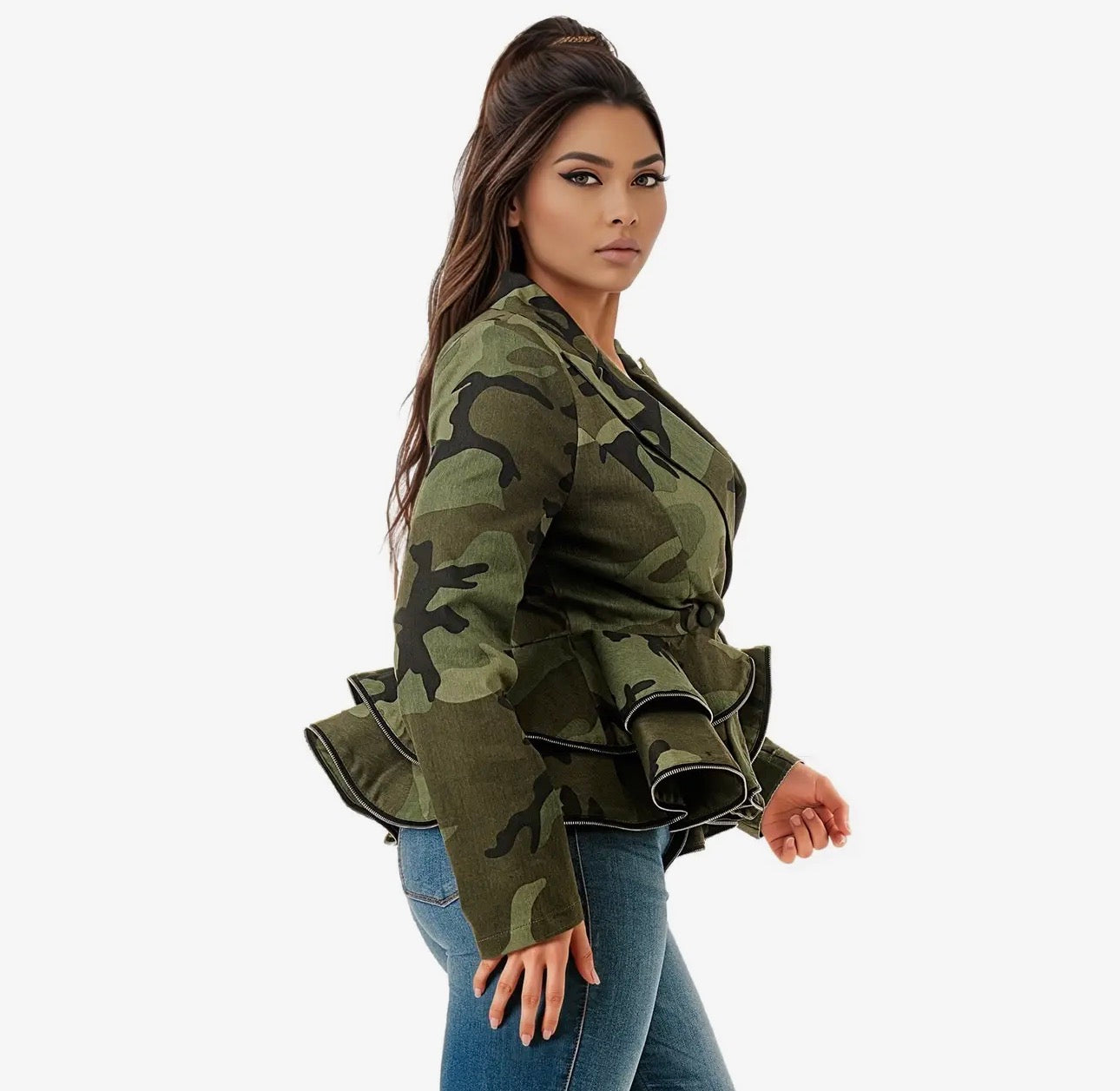 Long Sleeve Deep V-Neck Ruffle Zipper Hem Peplum