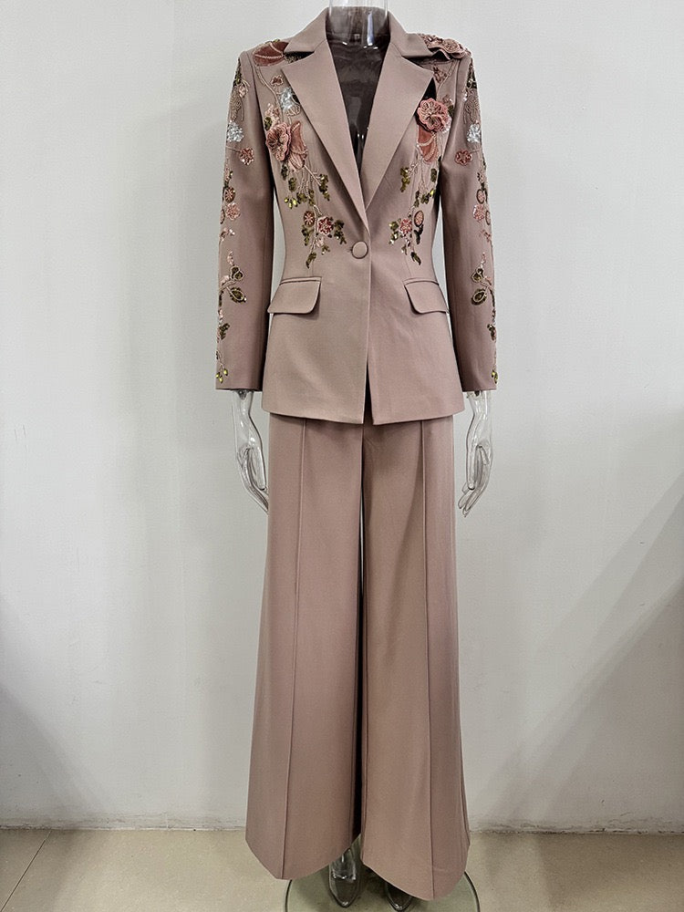 Handmade Floral Beaded Jacket & Wide-Leg Pants Set