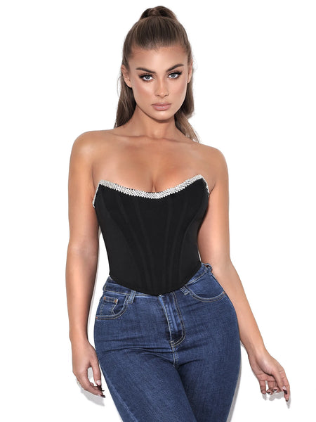 Melanie Black Corset Top With Crystal Trim