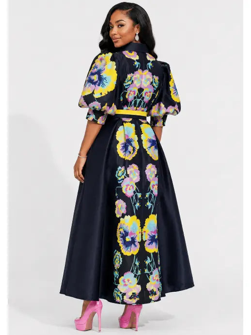 Floral Puff Short Sleeve Mikado Dress