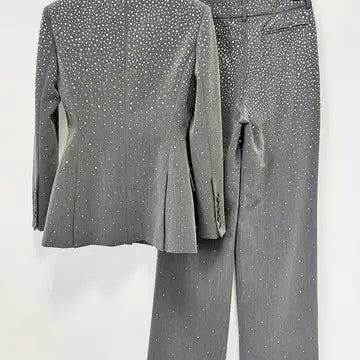 Crystal Embellished Gray Blazer Pants Suit Set Women