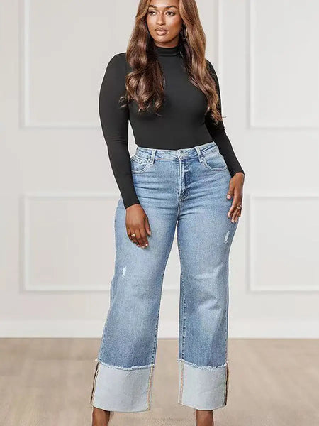 Cuffed Hem Straight Leg Jeans