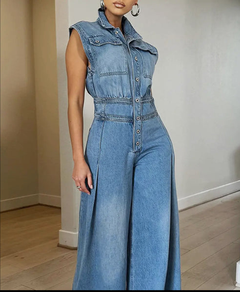 Washed Denim Wide Leg Jumpsuit