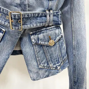 Slim Belted Washed Denim Blazer