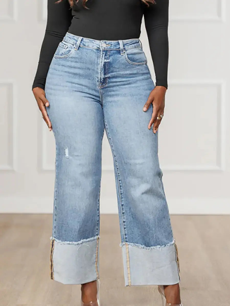 Cuffed Hem Straight Leg Jeans