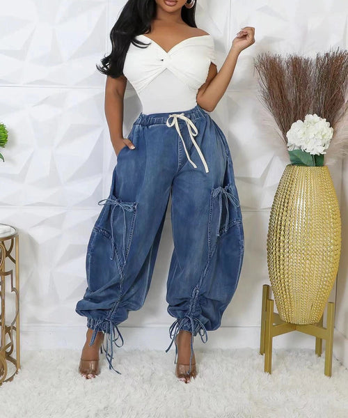 Drawstring Waist Straight Leg Jeans