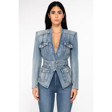 Slim Belted Washed Denim Blazer