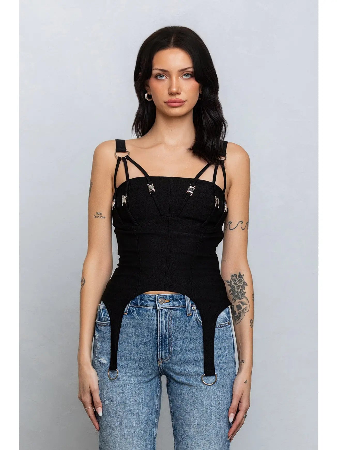 Mini Buckle Detail Stretchy Woven Crop Top