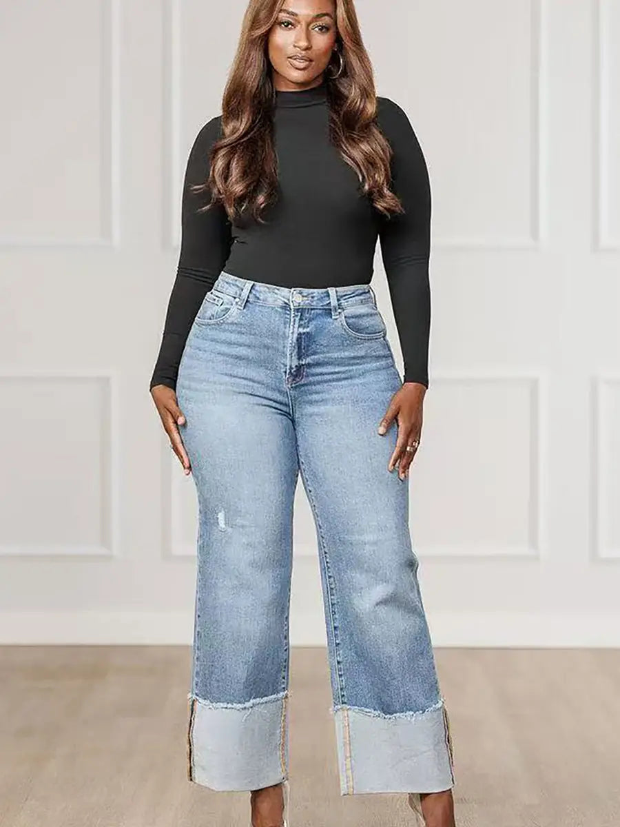 Cuffed Hem Straight Leg Jeans