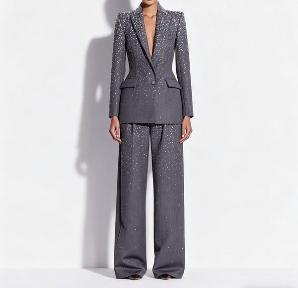 Crystal Embellished Gray Blazer Pants Suit Set Women