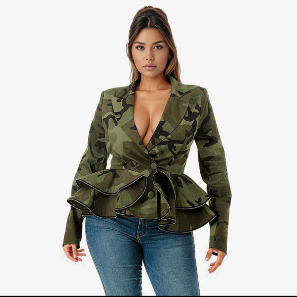 Long Sleeve Deep V-Neck Ruffle Zipper Hem Peplum