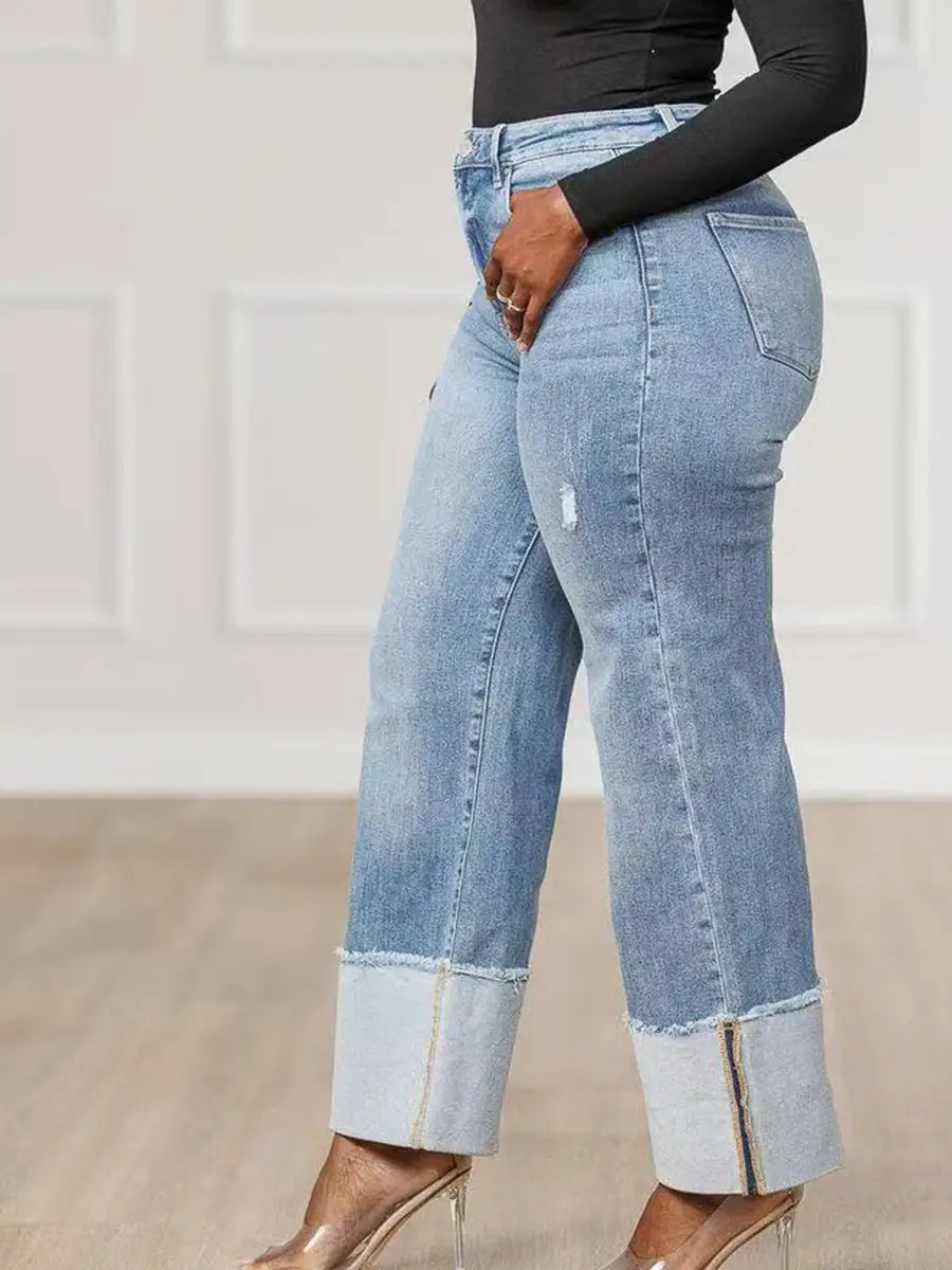 Cuffed Hem Straight Leg Jeans