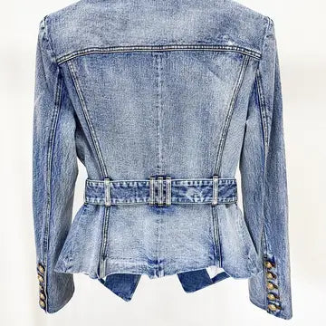 Slim Belted Washed Denim Blazer