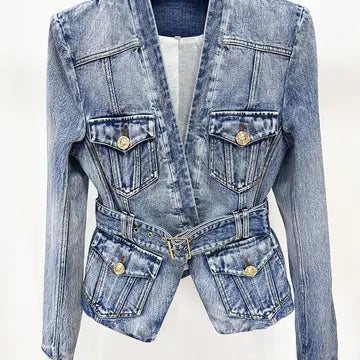 Slim Belted Washed Denim Blazer