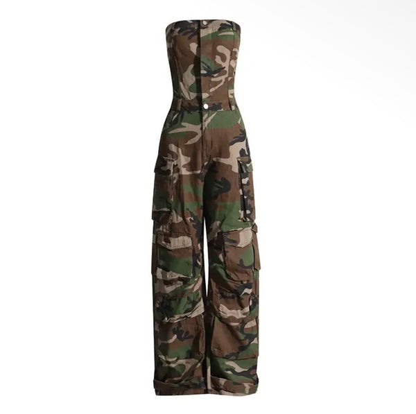 Camouflage Strapless Wide Leg Jumpsuit