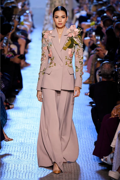 Handmade Floral Beaded Jacket & Wide-Leg Pants Set