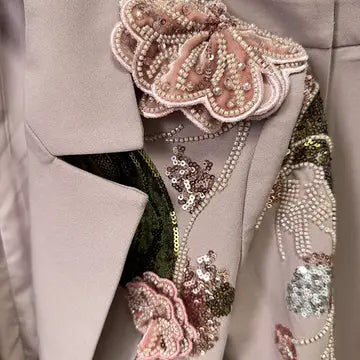 Handmade Floral Beaded Jacket & Wide-Leg Pants Set