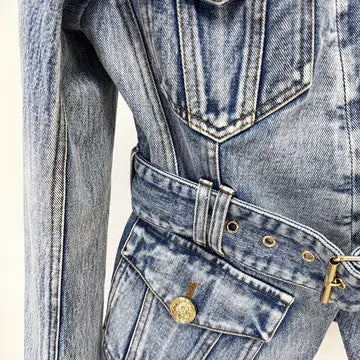 Slim Belted Washed Denim Blazer