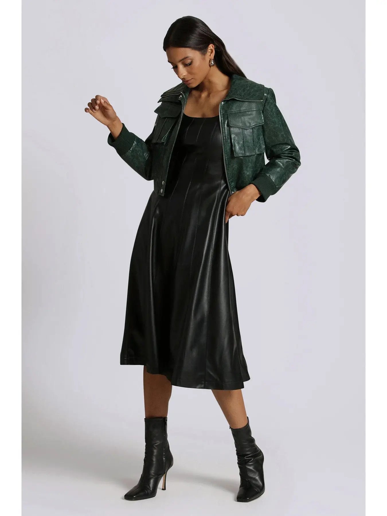 Faux-Ever Leather Fit-And-Flare Midi Dress