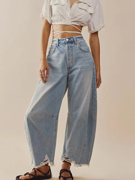 High-Waisted Loose-Fit Raw-Edged Jeans