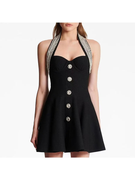 Gabrielle Black Crystal Halter Bandage Dress