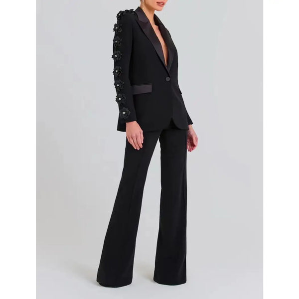 Elegant Floral Ruffle Blazer & Flare Pant Suit