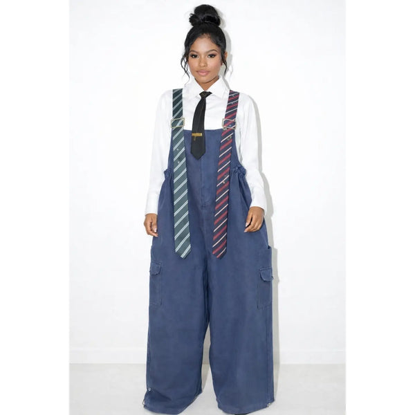 Stripe Tie Strap Detail Denim Wide Leg Jumpsuit