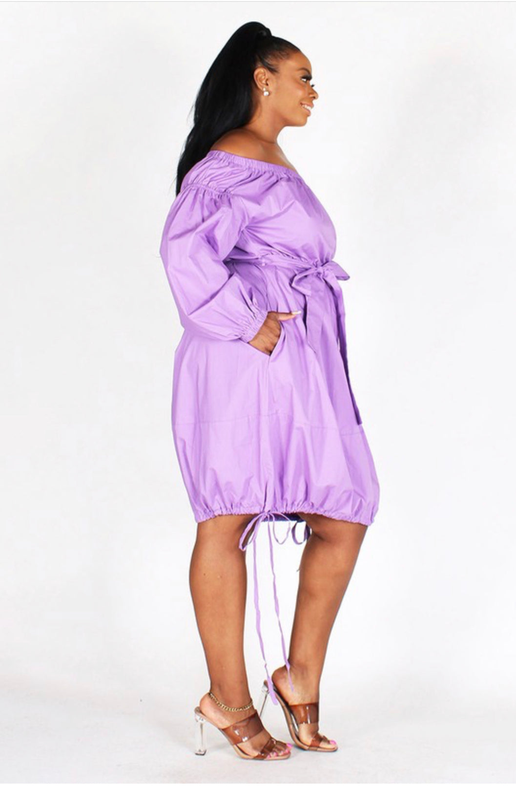 RIBBON DETAILING OFF SHOULDER DRESS WITH BELT