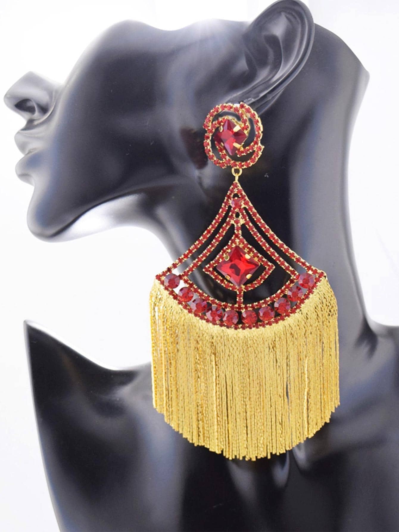 Rhinestone Decor Metal Tassel Drop Earrings