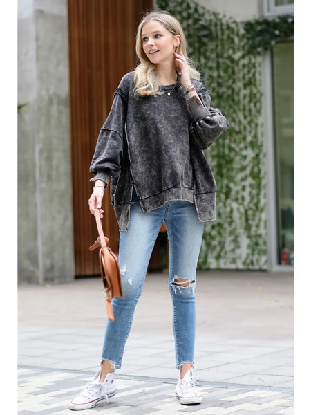 Acid Wash French Terry Oversized Exposed-seam Sweat