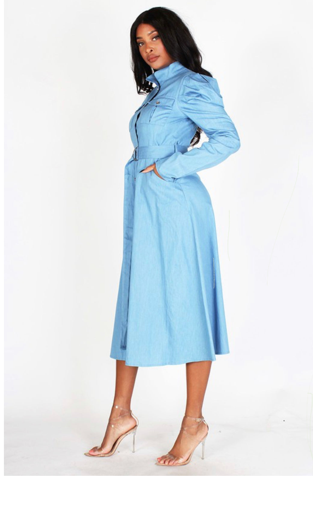 LONG PUFF SLEEVE STRETCH DENIM DRESS