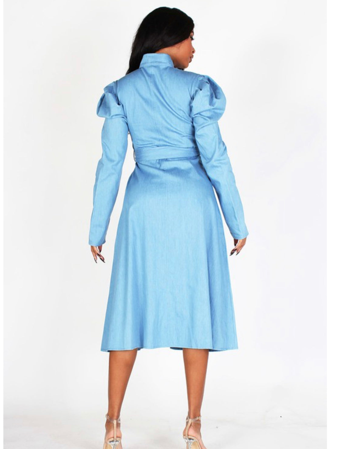 LONG PUFF SLEEVE STRETCH DENIM DRESS