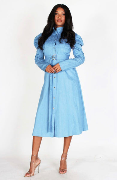 LONG PUFF SLEEVE STRETCH DENIM DRESS