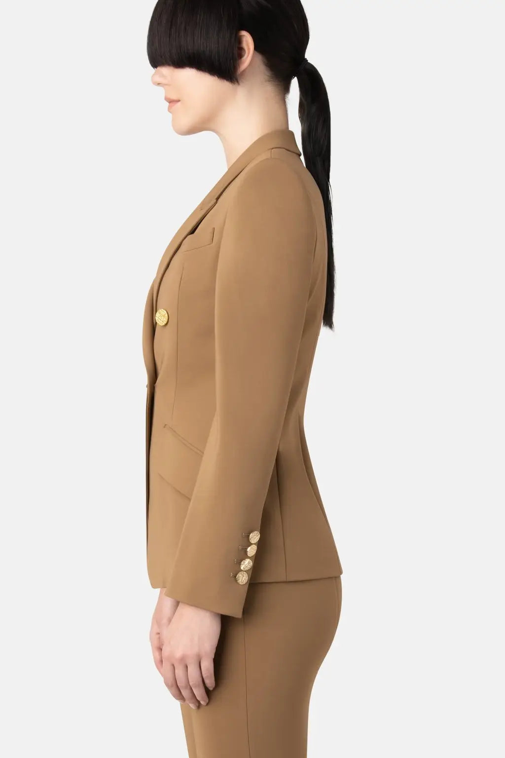 Super Matte Jersey Fitted Double-Breast Blazer - Camel
