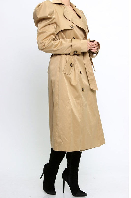 PUFFY SHOULDER LONG COAT-TIE BELT WITH LOOPS AT THE WAIST.