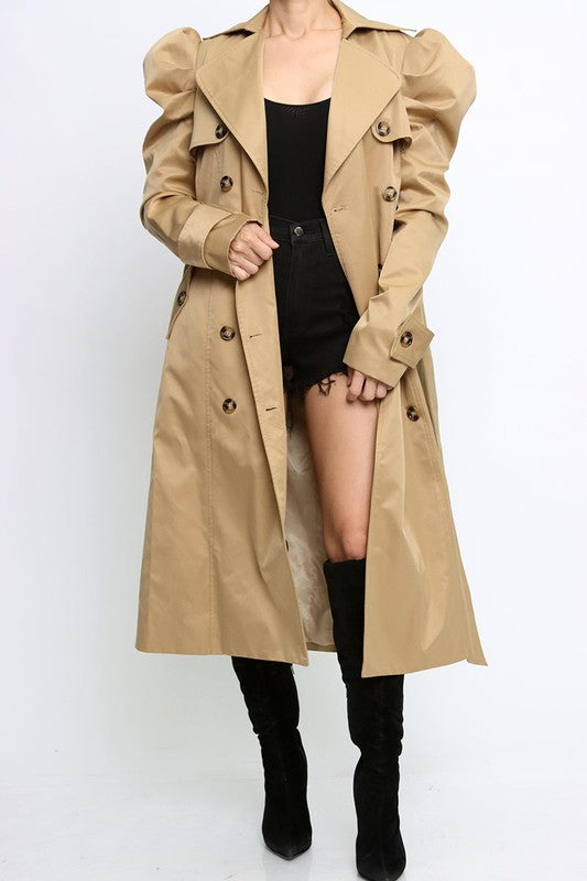 PUFFY SHOULDER LONG COAT-TIE BELT WITH LOOPS AT THE WAIST.